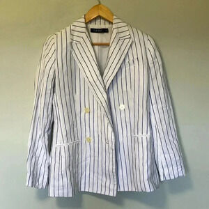 NWOT Ralph Lauren 100% linen  white blue striped striped double breasted blazer